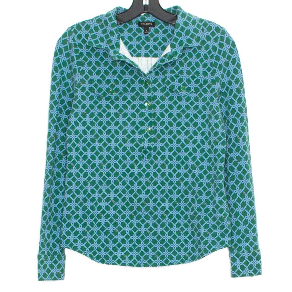 Talbots Popover Top Geometric Buckle Print Preppy Career Office Green Blue Small